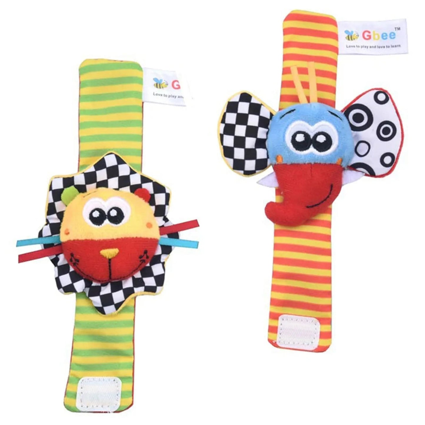 Colorful animal wrist rattles for babies, featuring a lion and elephant on striped bands.