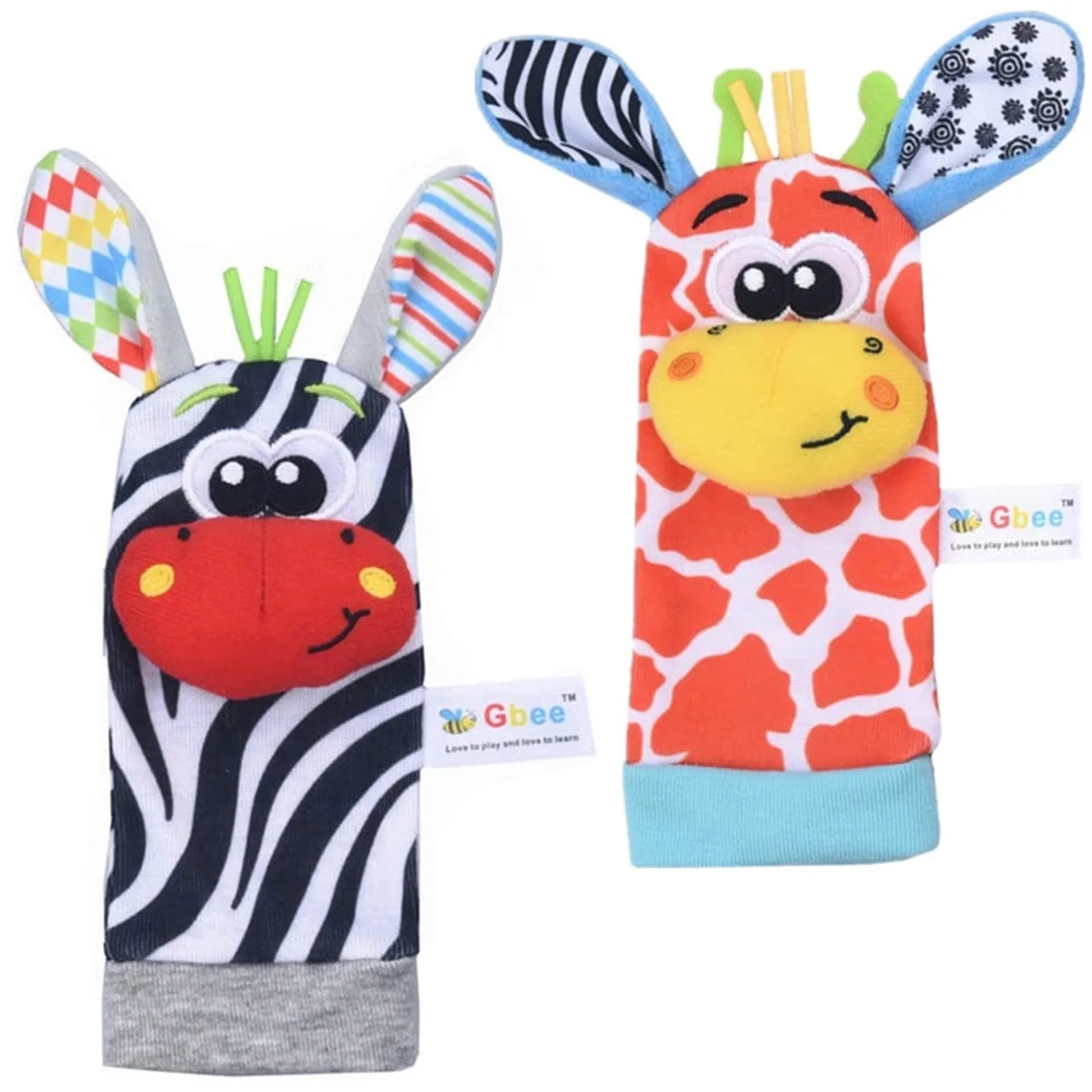 Colorful baby wrist rattles and socks set, featuring a zebra and a giraffe with soft textures.