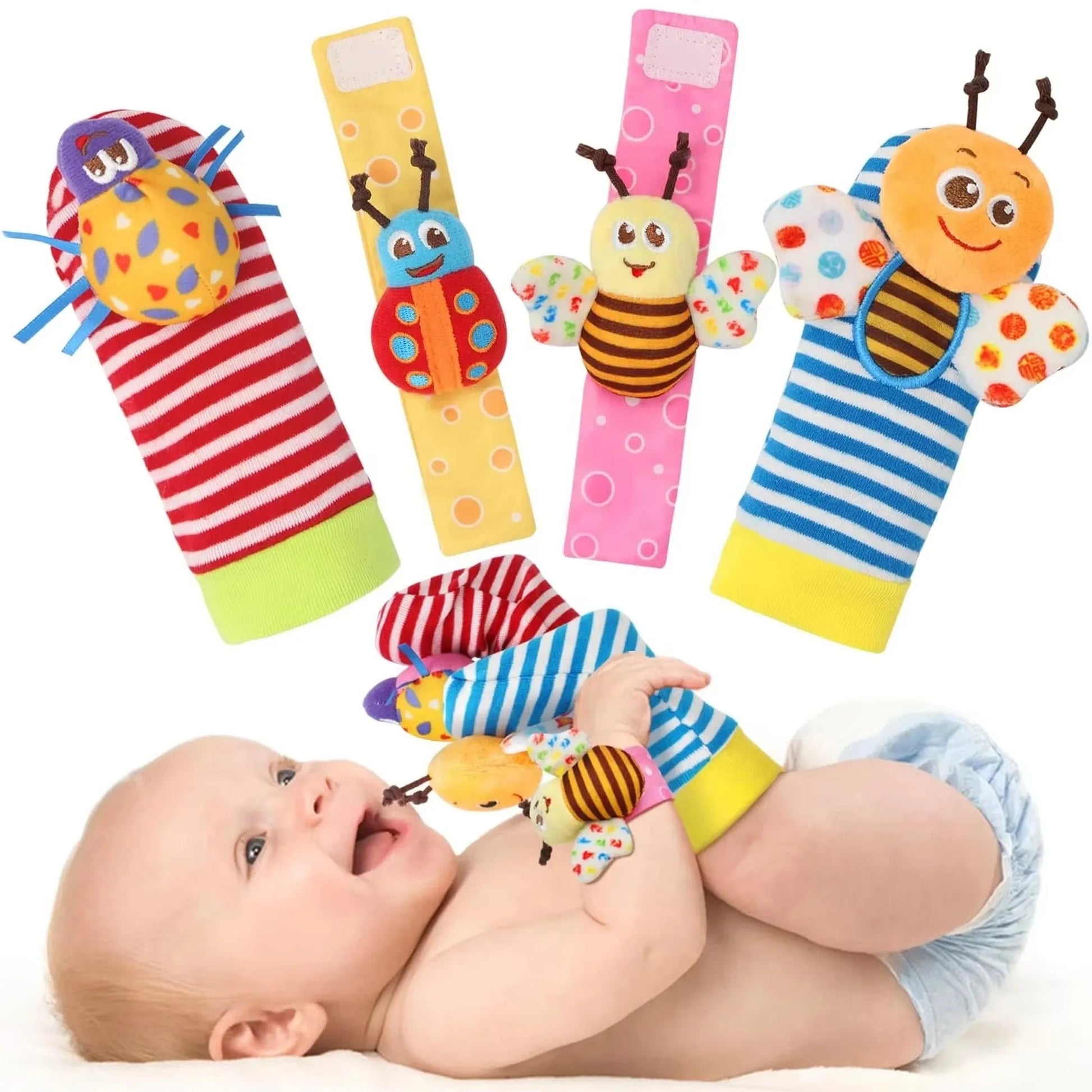 Colorful baby wrist rattles and socks with animal designs, shown on a baby.