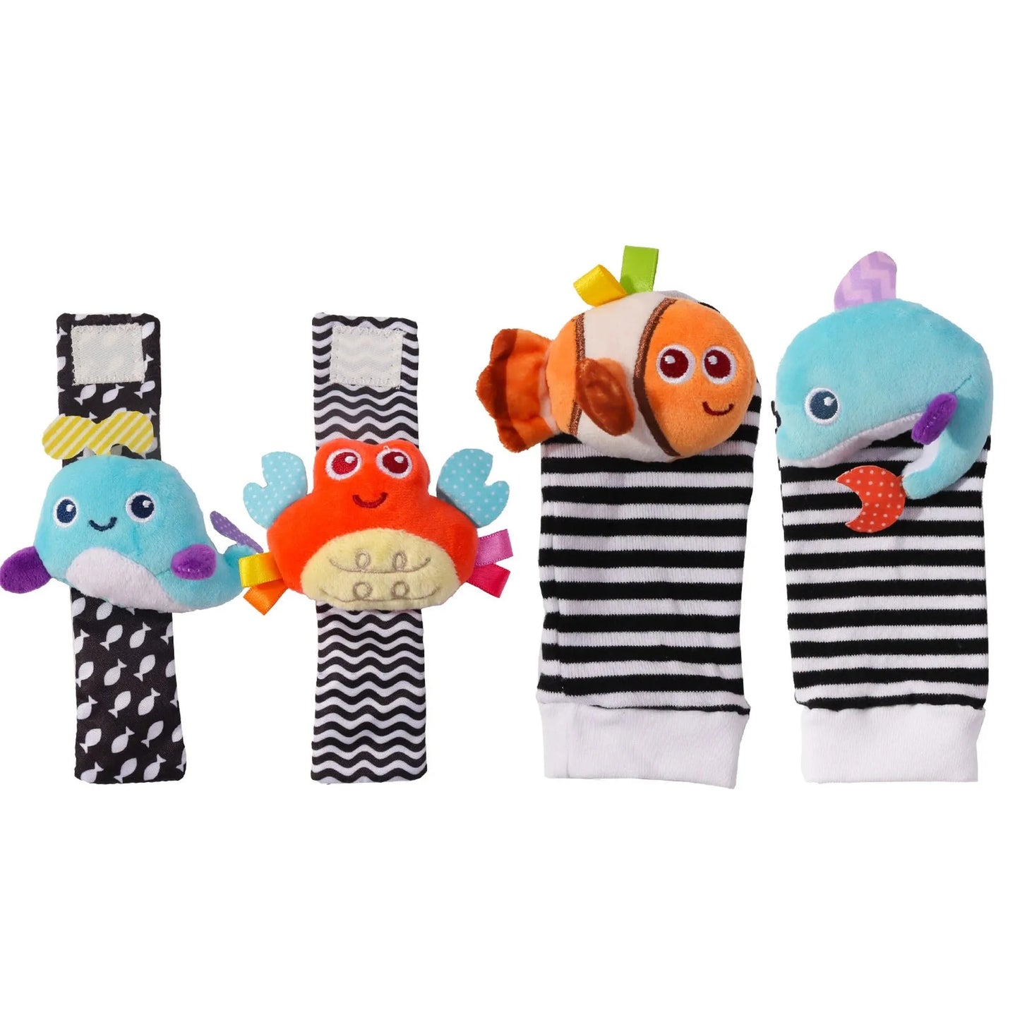 Colorful baby wrist rattles and socks with plush sea animals: whale, crab, and fish.