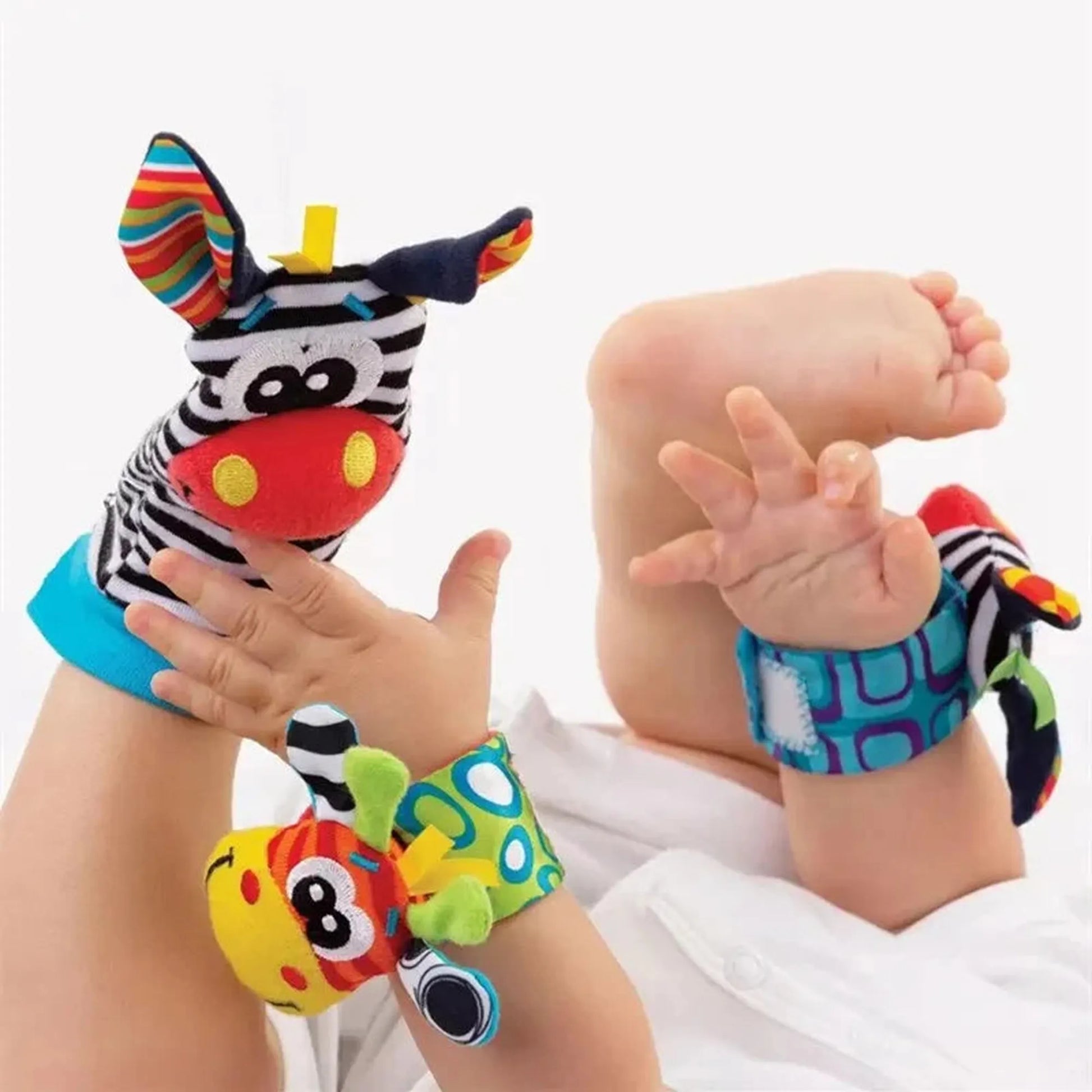 Colorful animal wrist rattles and foot finders for baby, featuring a zebra and bug design.