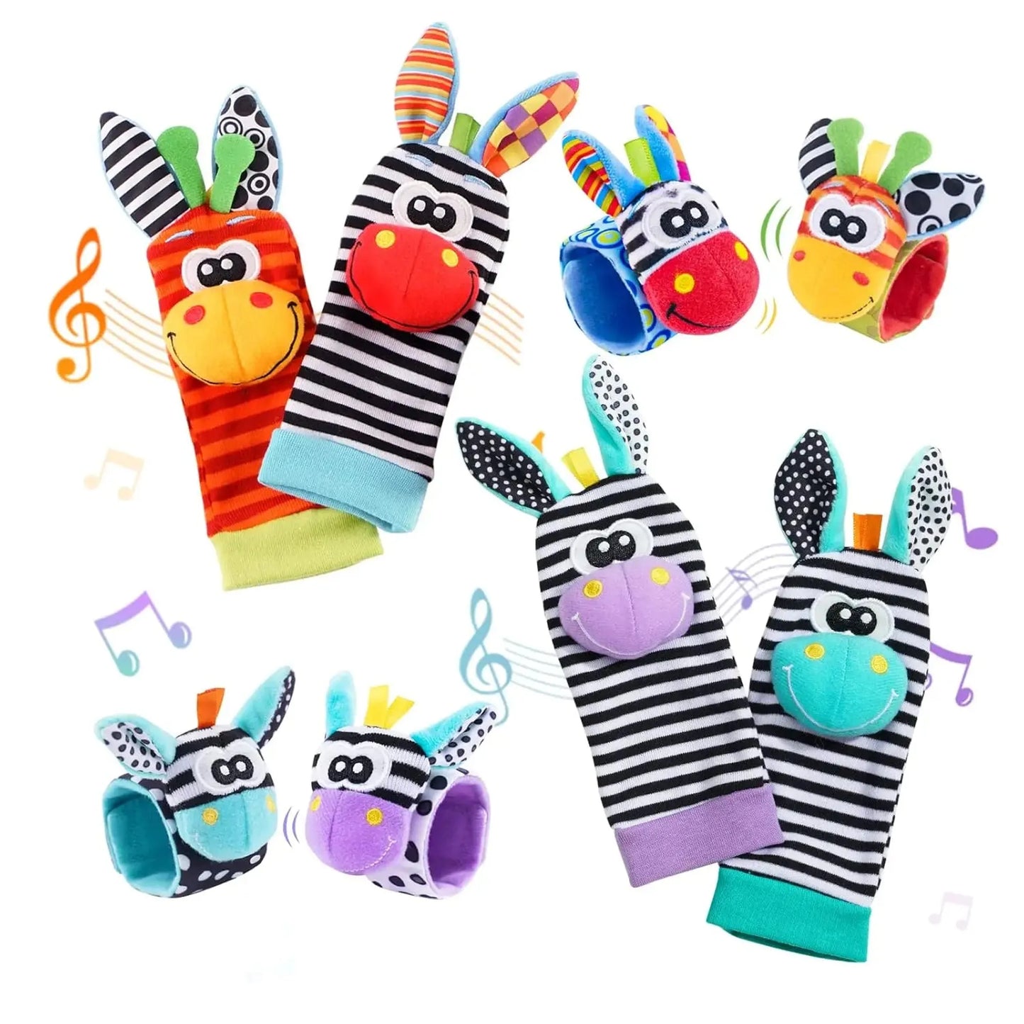 Colorful zebra animal wrist rattles and foot finder socks for baby development.