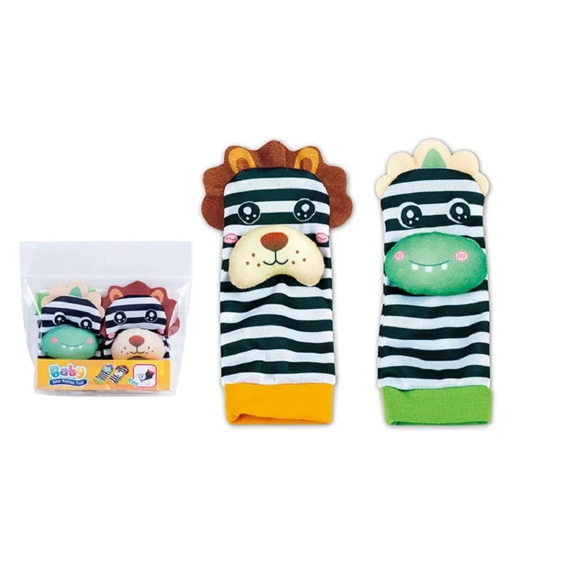 Colorful striped baby wrist rattles and socks with lion and crocodile animal faces.