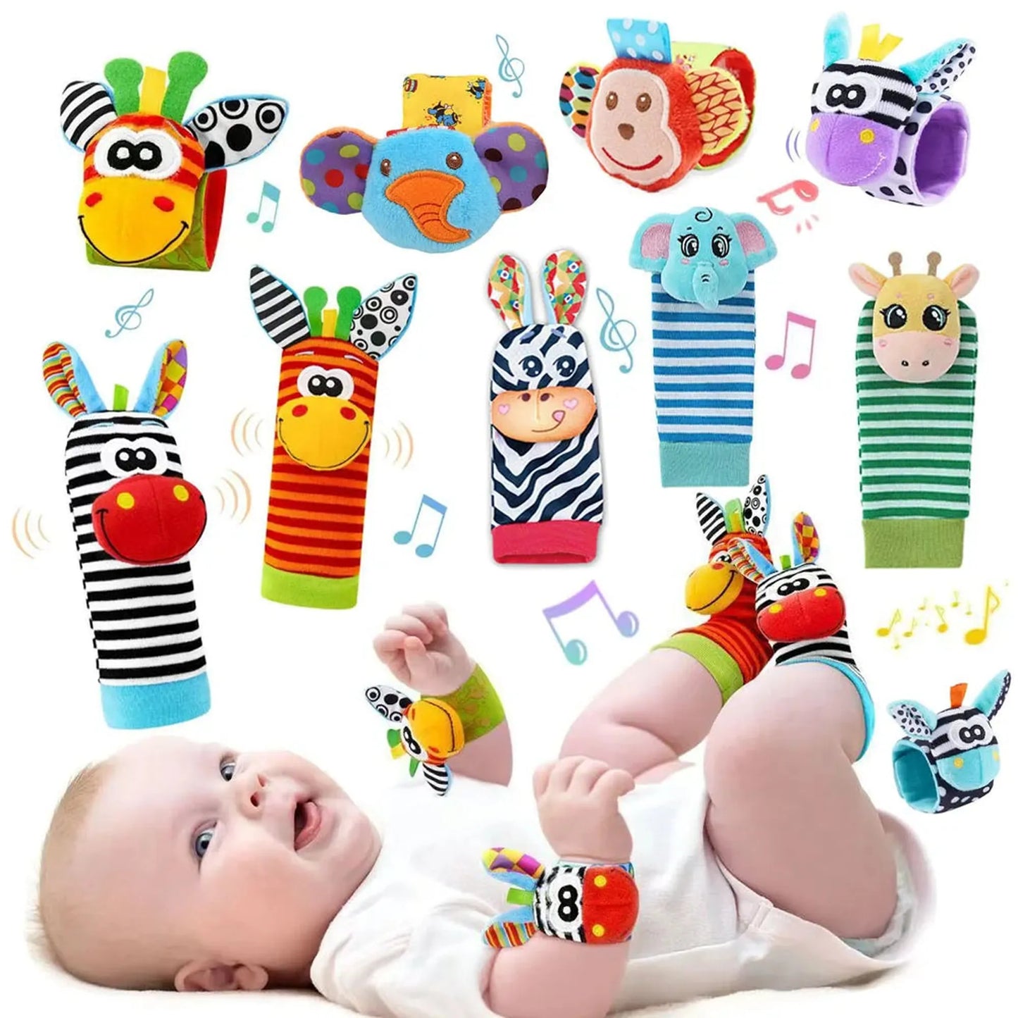 Colorful animal wrist rattles and foot finders for baby, including giraffe, zebra, monkey, and elephant designs.
