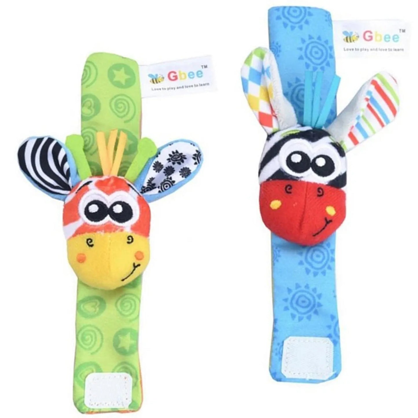 Colorful baby wrist rattles and socks set with giraffe and zebra animal designs.