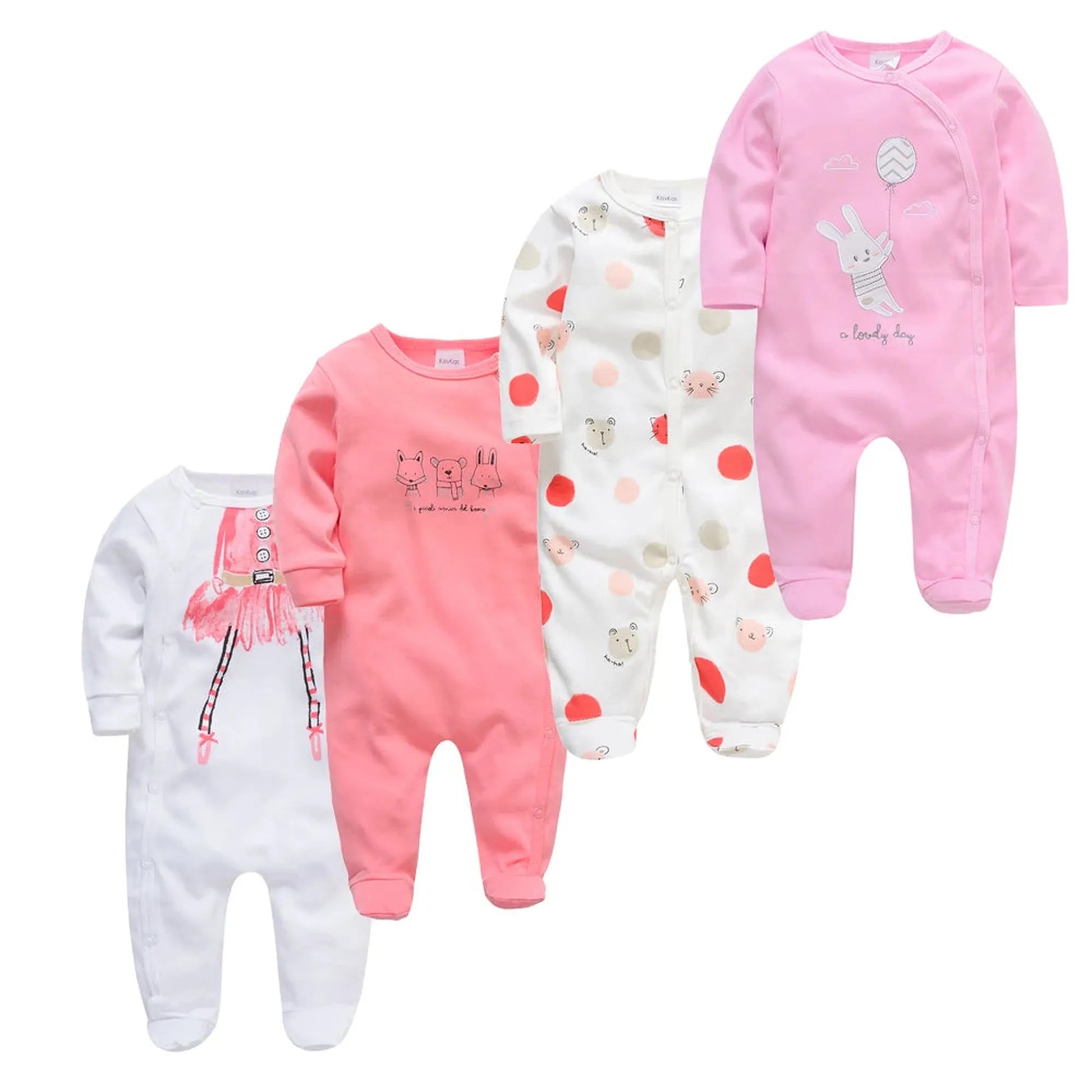 Four 100% cotton long-sleeve baby rompers: white with ballerina, pink with bears, white with polka dots and bears, and pink with a bunny.