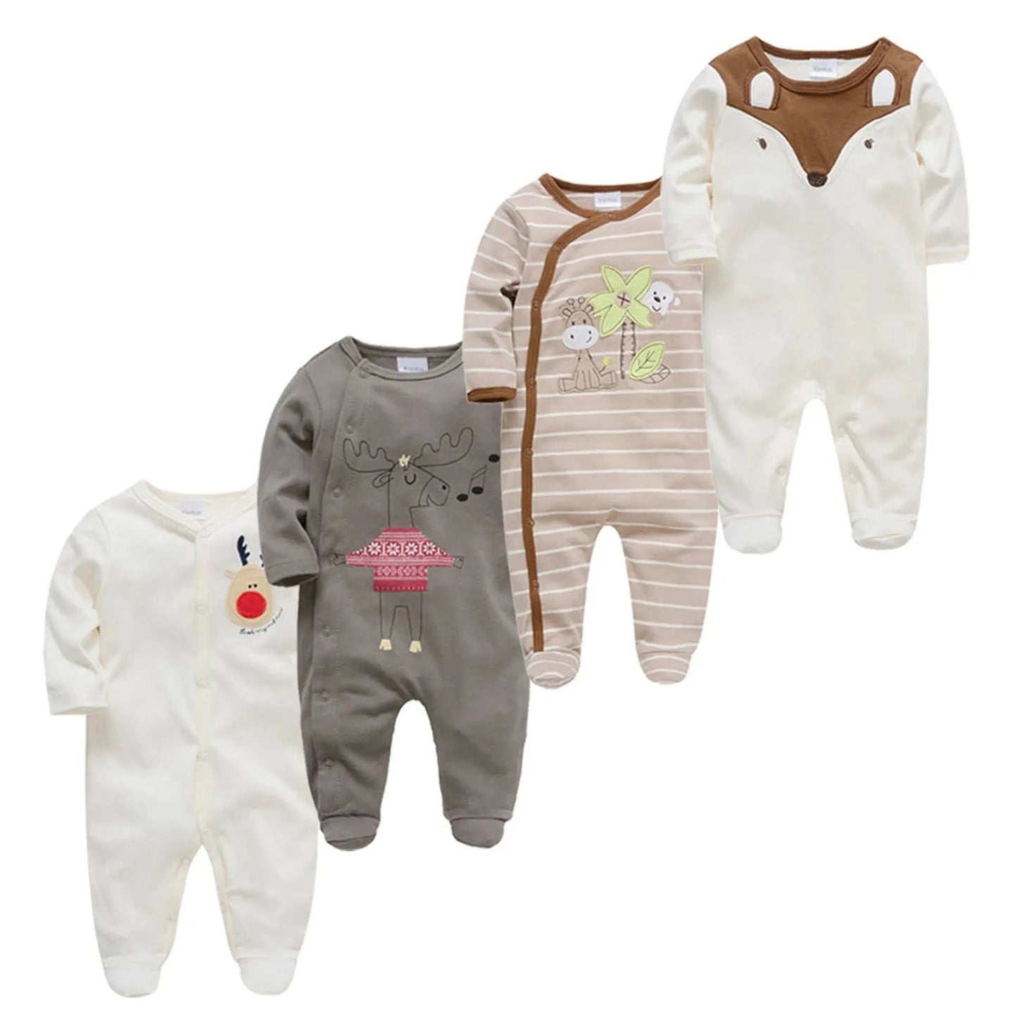 Four 100% cotton long-sleeve baby rompers: white with reindeer, grey with moose, striped with trees, and white with fox face.
