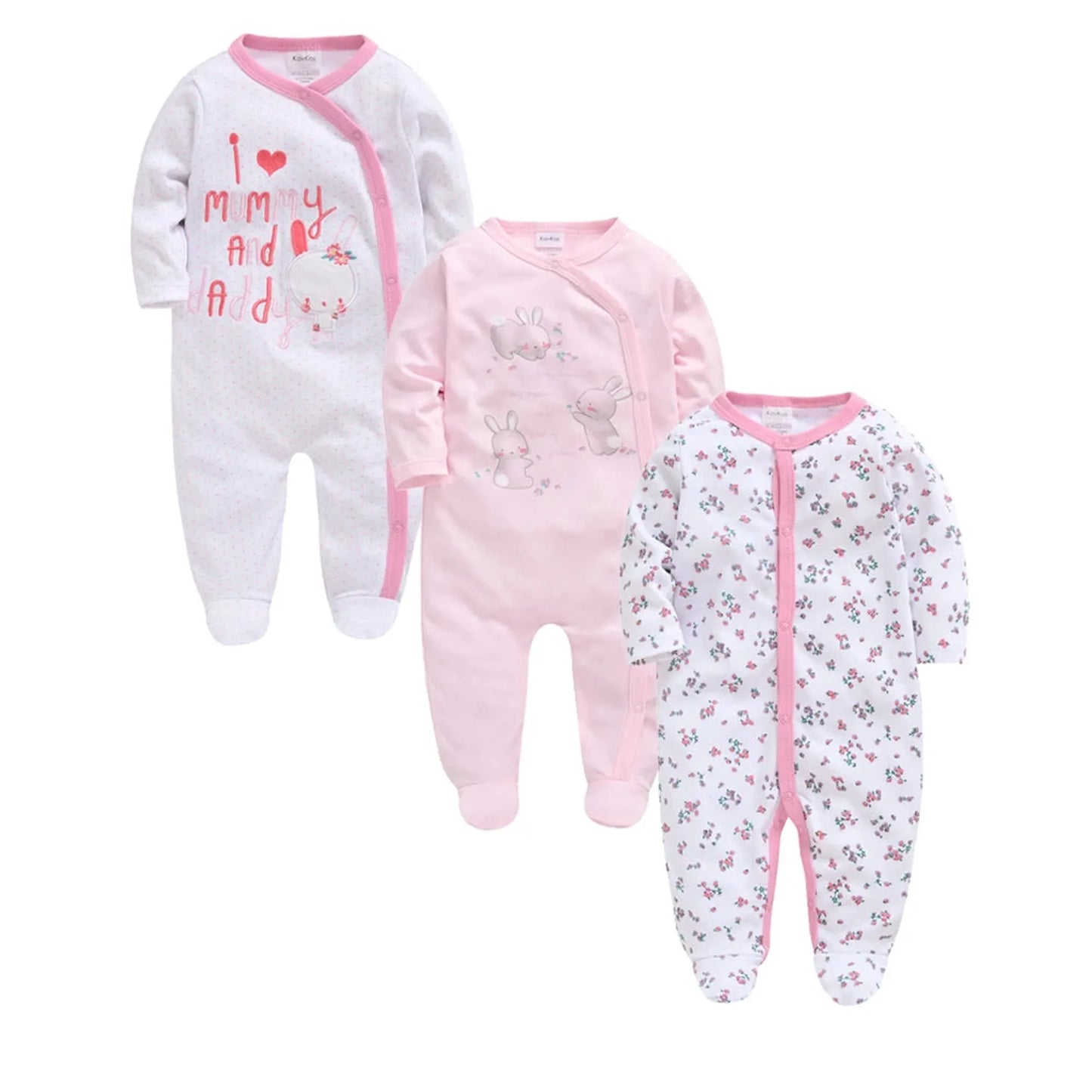 Three 100% cotton baby rompers: white with "I Love Mummy And Daddy" and bunny, pink with bunnies, and white floral.