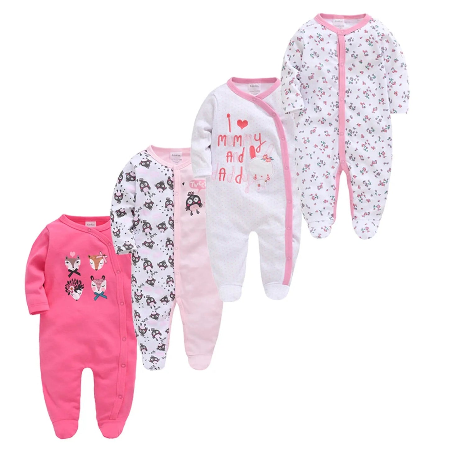 Five 100% cotton long-sleeve baby rompers: pink, white with "I love Mommy and Daddy," and two with animal prints.