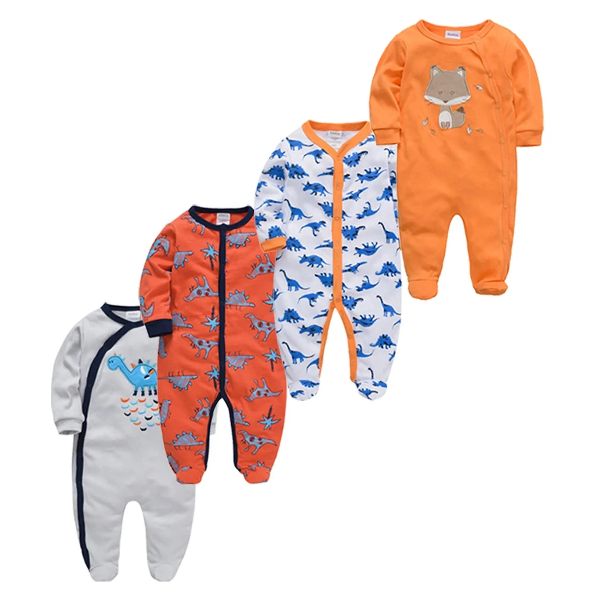 Four 100% cotton long-sleeve baby rompers: orange fox, white/blue dinosaur, orange dinosaur, and white dinosaur.