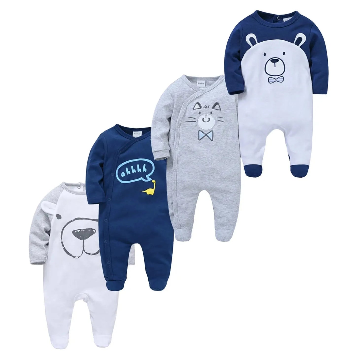 Four 100% cotton long-sleeve baby rompers in white, navy, and gray with animal designs.
