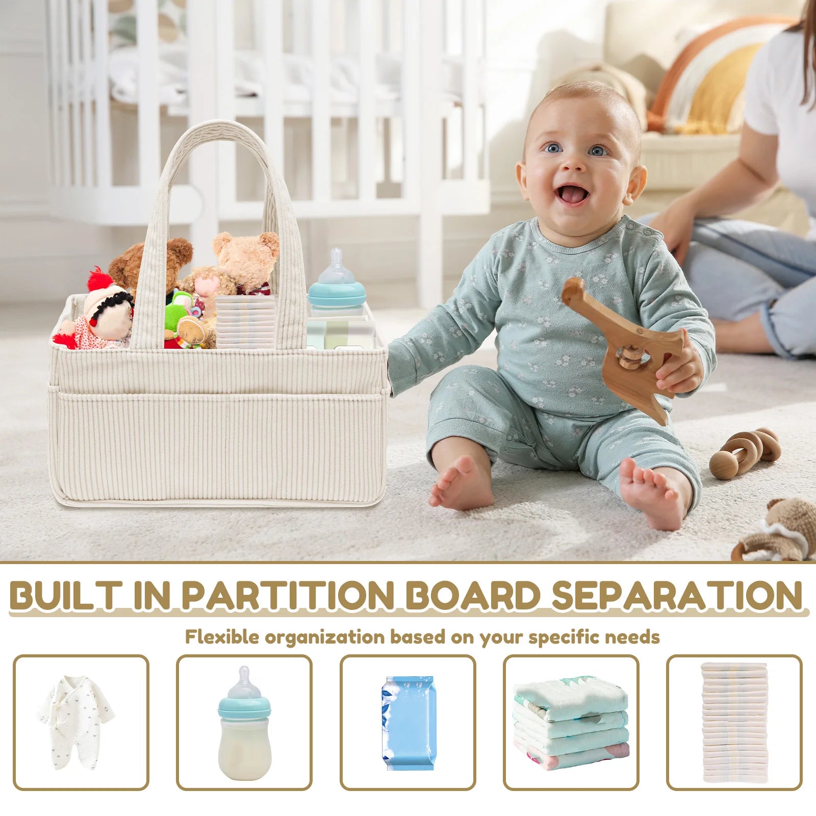 Beige corduroy baby diaper caddy with handles, filled with toys and a bottle, next to a happy baby.