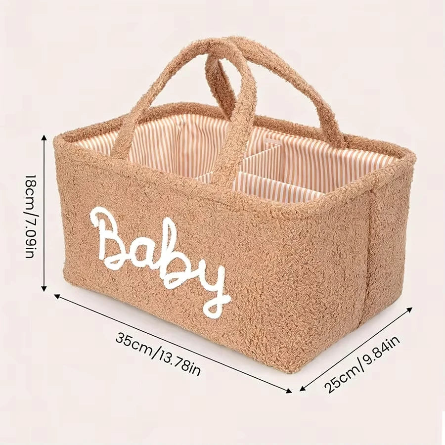 Brown fleece baby diaper caddy with "Baby" embroidery, striped lining, and dividers.