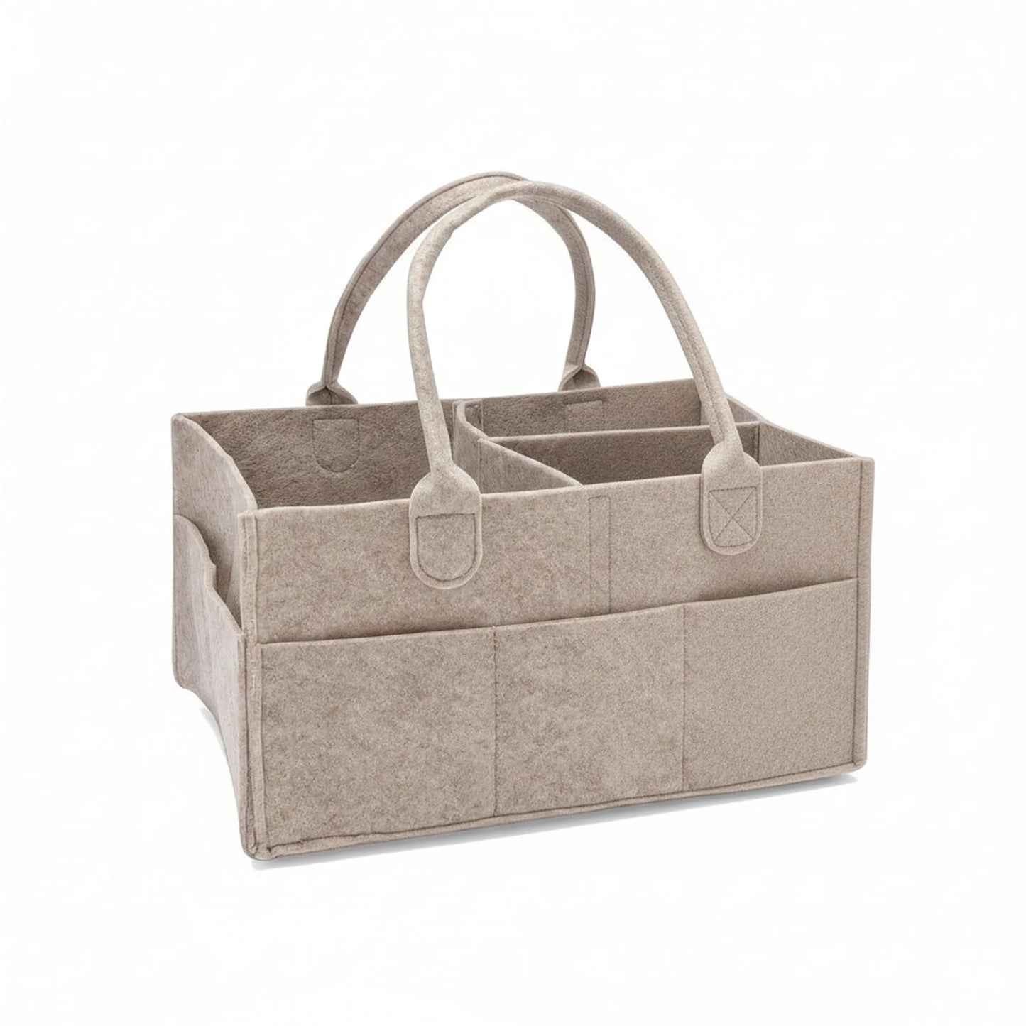 Beige felt diaper caddy with handles, multiple compartments, and outer pockets.