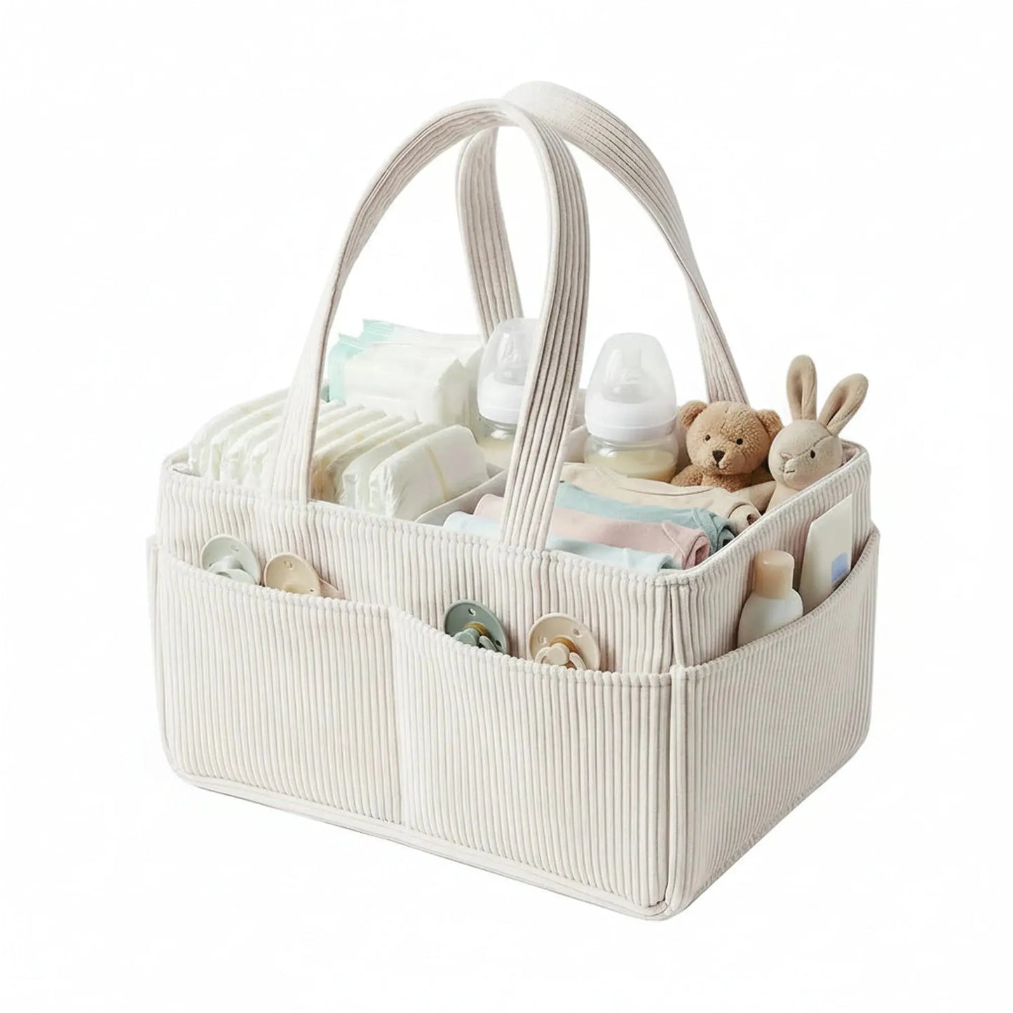 Beige corduroy diaper caddy with handles, filled with baby essentials like diapers, bottles, and toys.