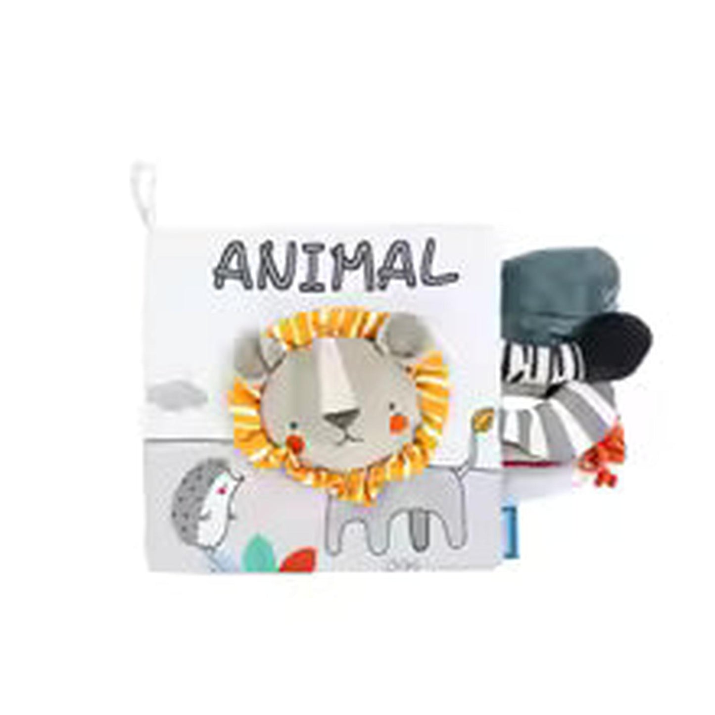 Soft fabric baby book with 3D lion, hedgehog, and zebra, featuring sensory textures and crinkle sounds.