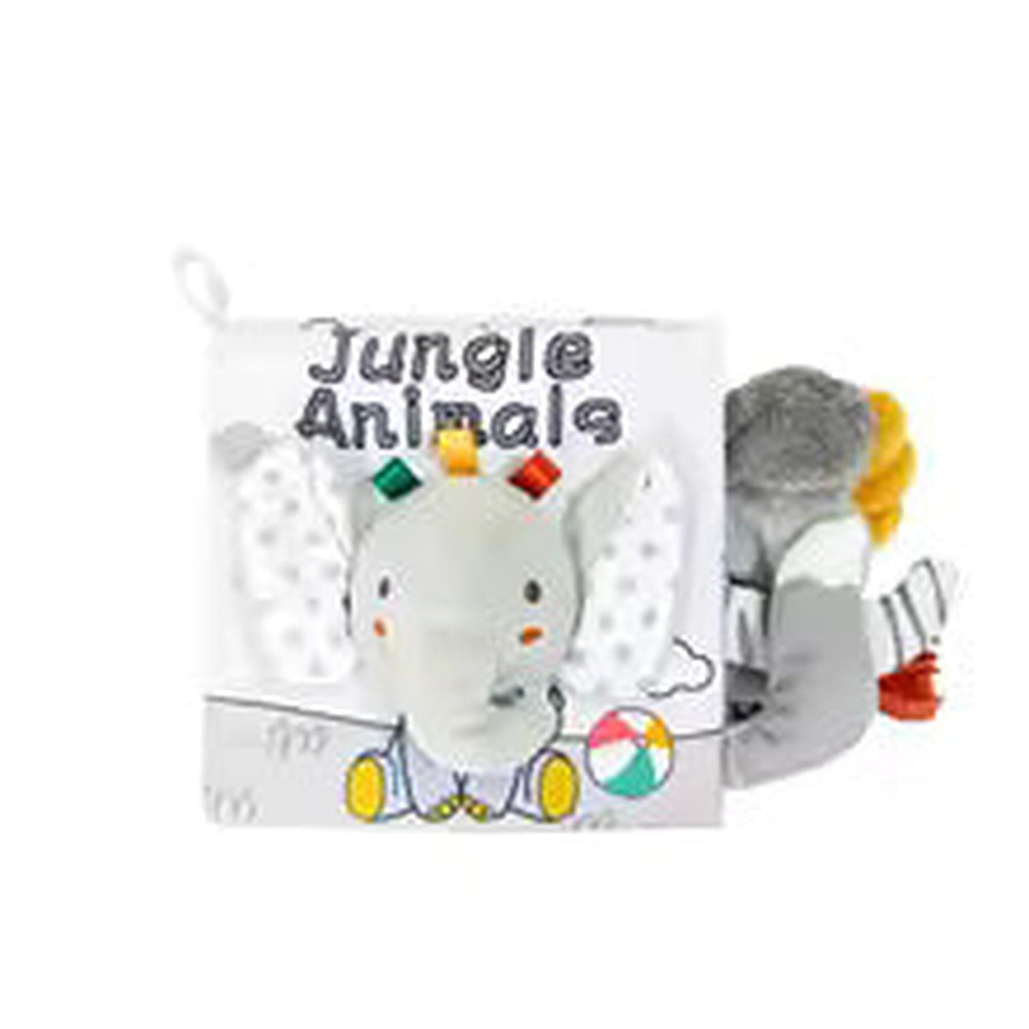 Soft plush baby cloth book with 3D elephant, "Jungle Animals" text, and colorful sensory tags.