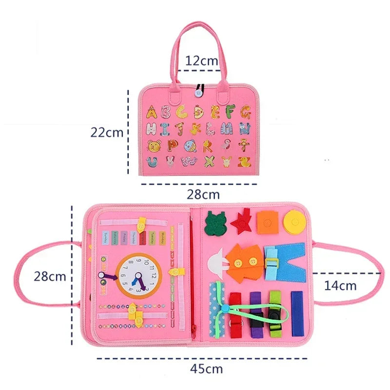Pink felt Montessori busy board for kids, featuring letters, clock, and fine motor skill activities.