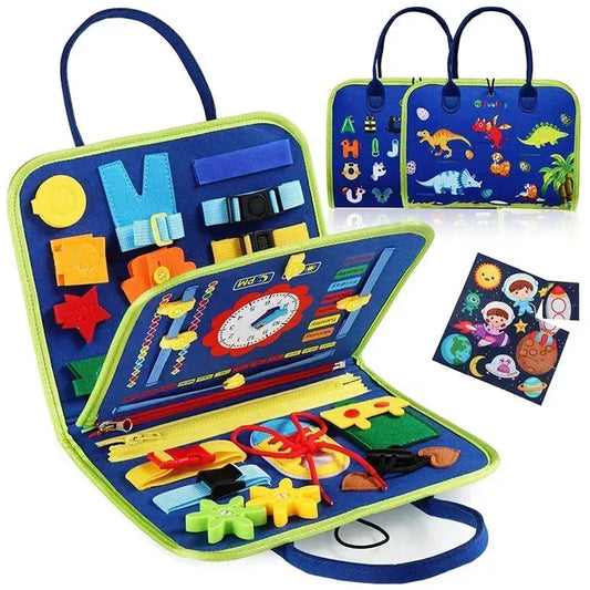 Blue felt Montessori busy board for kids with dinosaur theme, buckles, zippers, and clock.