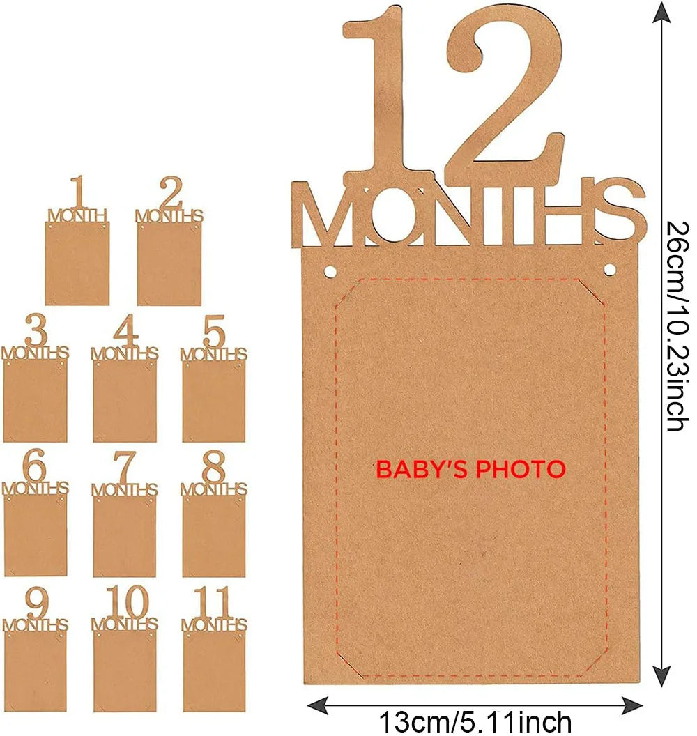 Kraft paper baby's first year photo banner with 12 monthly frames and a large "12 MONTHS" sign.
