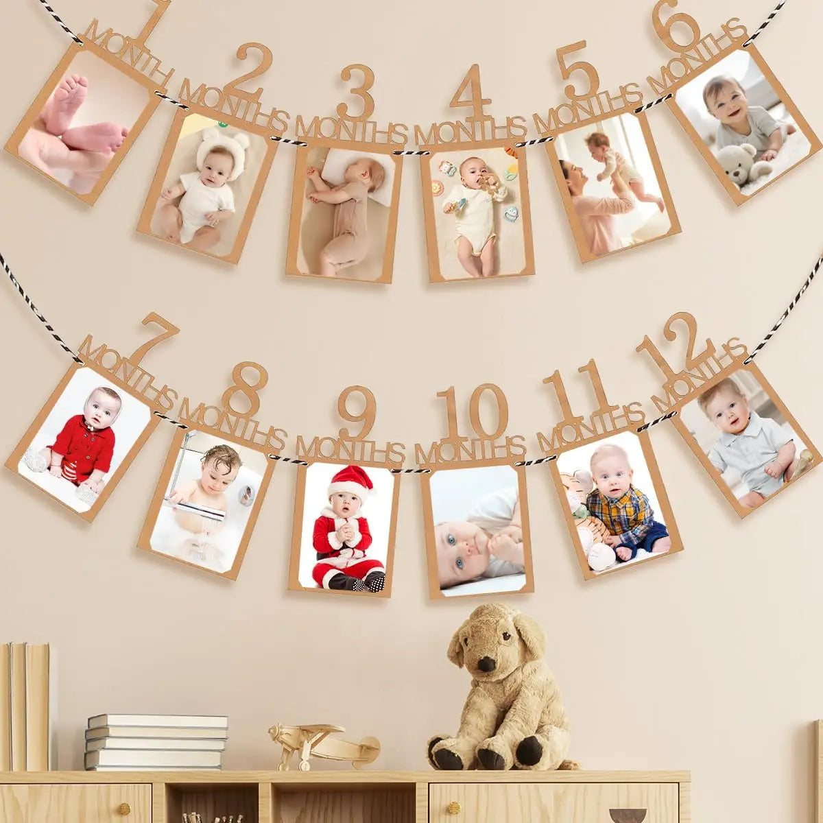 Kraft paper monthly baby photo banner with 12 frames for first birthday decoration.