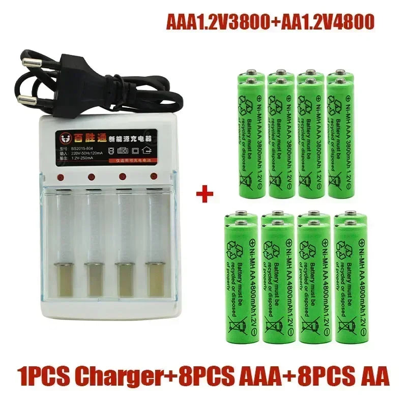 White 4-slot Ni-MH battery charger with black plug, 8 green AAA 3800mAh, and 8 green AA 4800mAh rechargeable batteries.