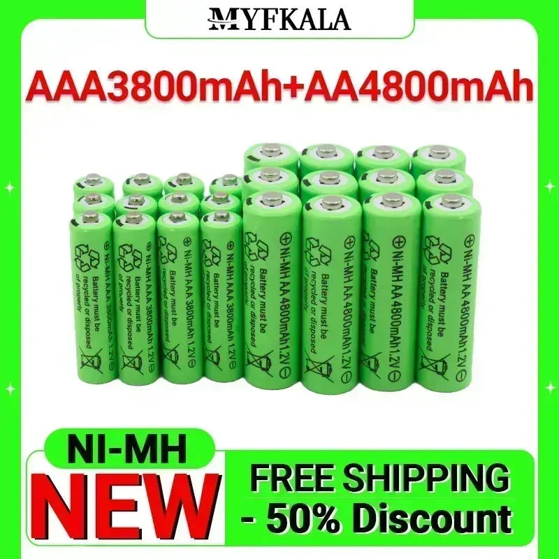 Green Ni-MH rechargeable AA 4800mAh and AAA 3800mAh batteries, 1.2V, for toys and devices.