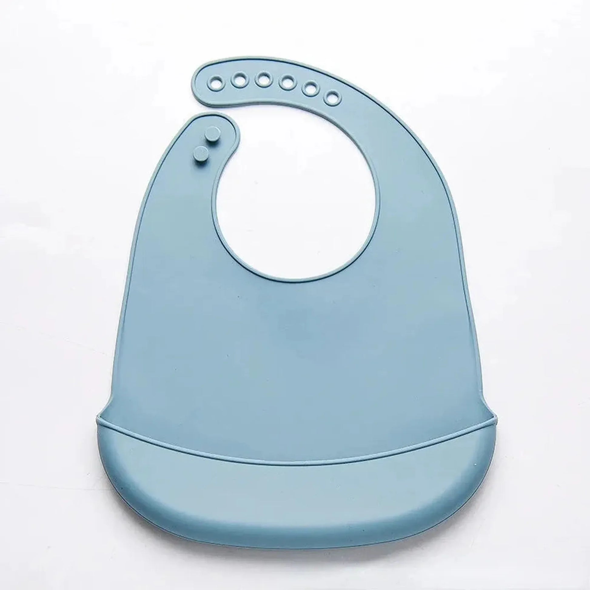 Light blue waterproof silicone baby bib with adjustable neck closure and food-catching pocket.