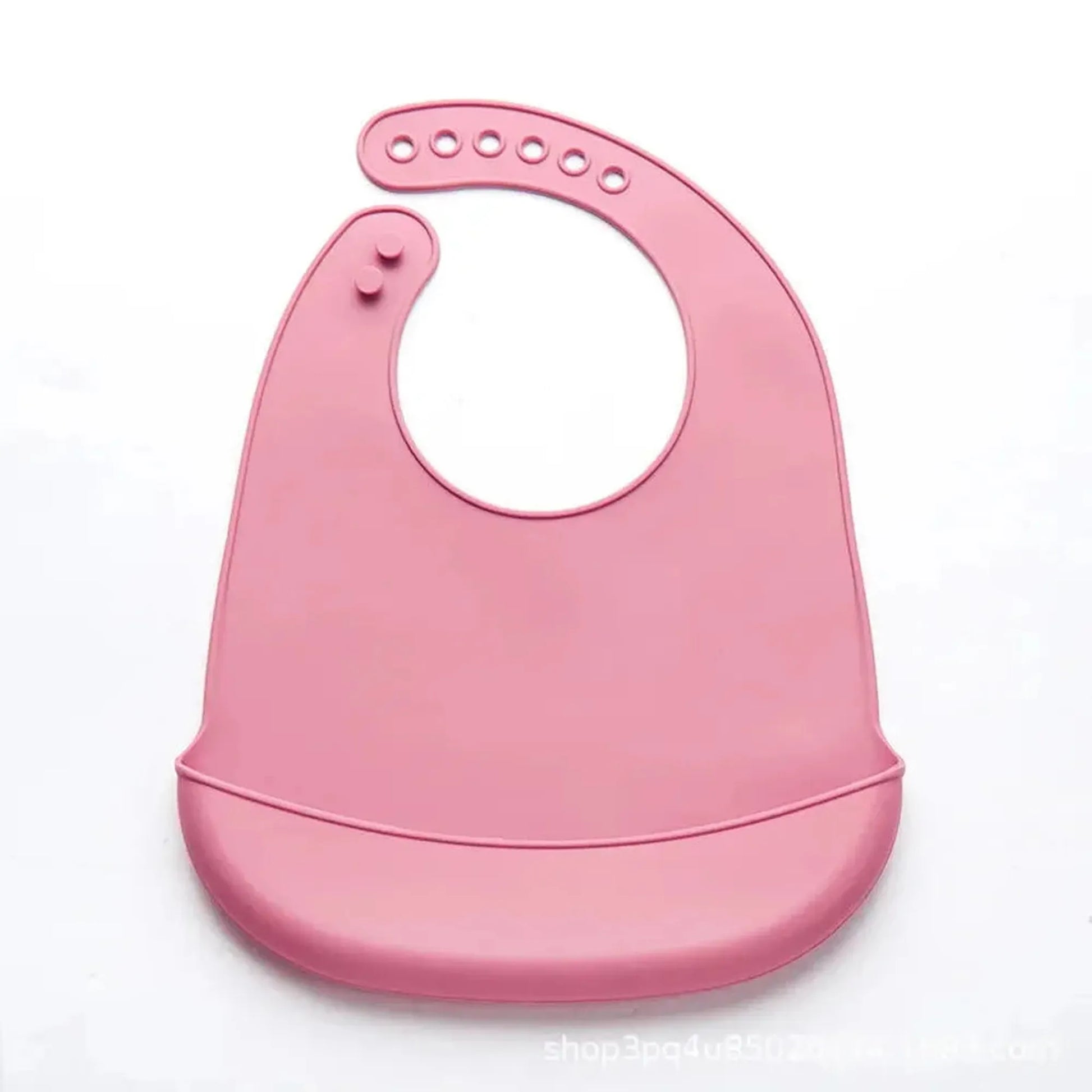 Pink waterproof silicone baby bib with adjustable neck closure and food-catching pocket.