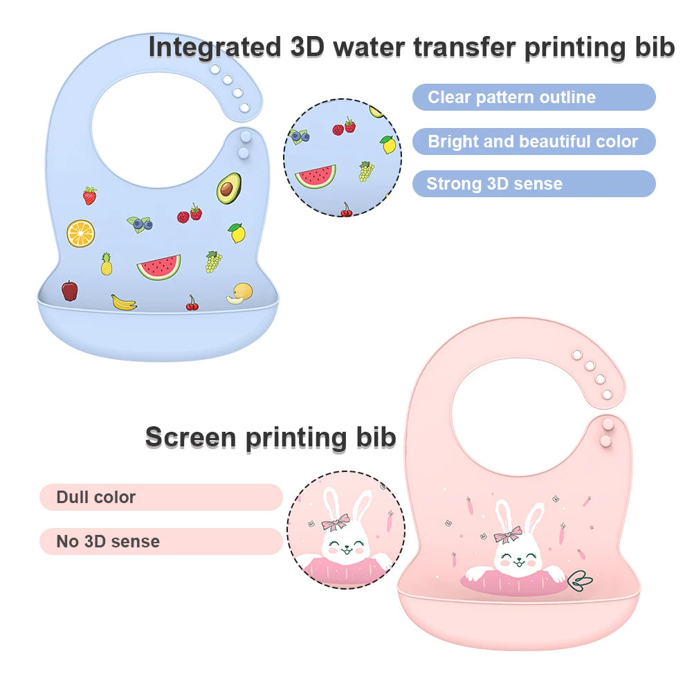 Light blue silicone baby bib with fruit print and pink bib with bunny print, both waterproof and adjustable.