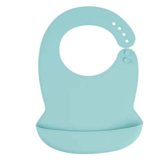 Soft, adjustable aqua silicone baby bib with a deep catch-all pocket, perfect for mealtime.