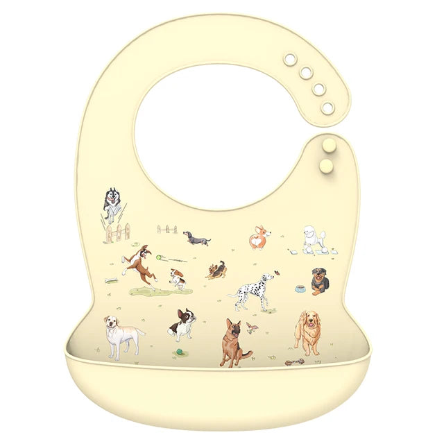 Adjustable cream silicone baby bib with a playful dog pattern and deep catch-all pocket.