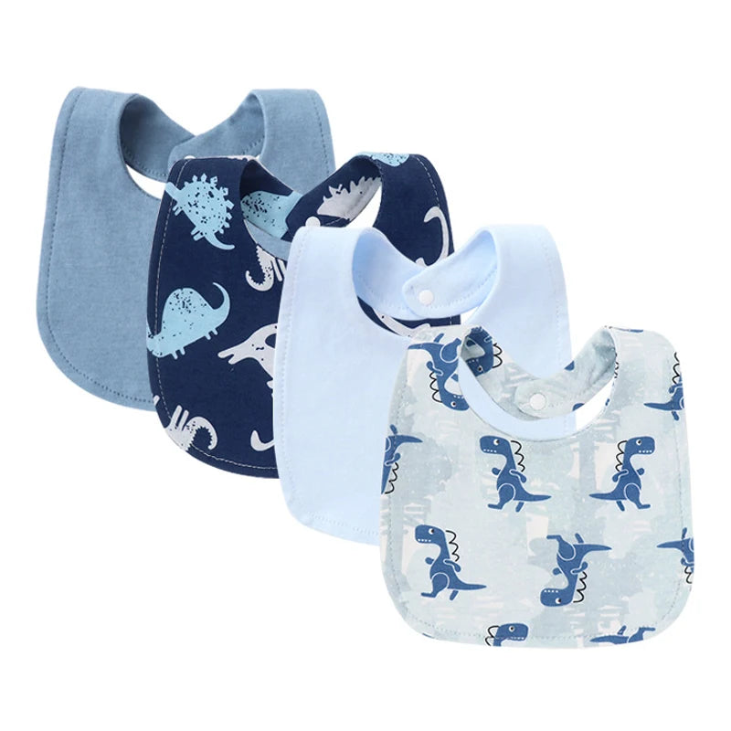 Set of 4 baby cotton bibs in shades of blue, featuring solid light blue, dark blue with dinosaur prints, and light blue with dinosaur patterns.