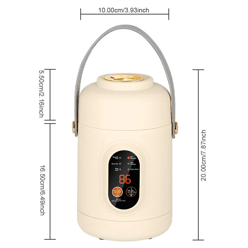 Portable 800ml cream electric travel pot and kettle with digital display, gray handle, and gold accents.
