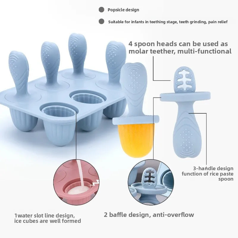 Light blue silicone popsicle mold for baby food, with 6 cavities and integrated teether handles.