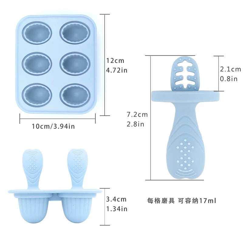 Light blue silicone baby popsicle mold with 6 oval cavities and two matching mini popsicle sticks.