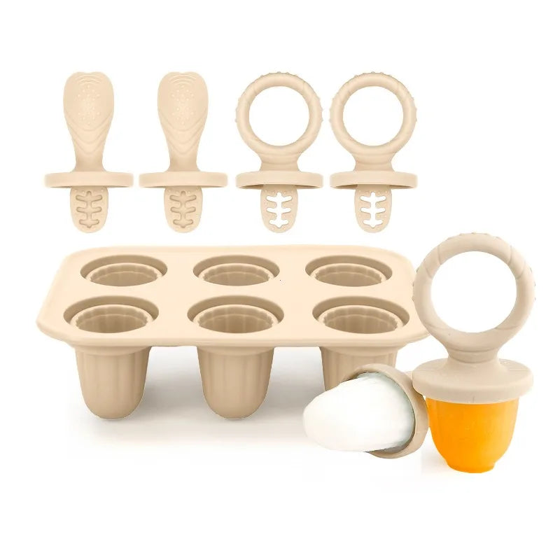 Beige silicone reusable baby popsicle mold with 6 cavities and 6 handles, including two filled popsicles.