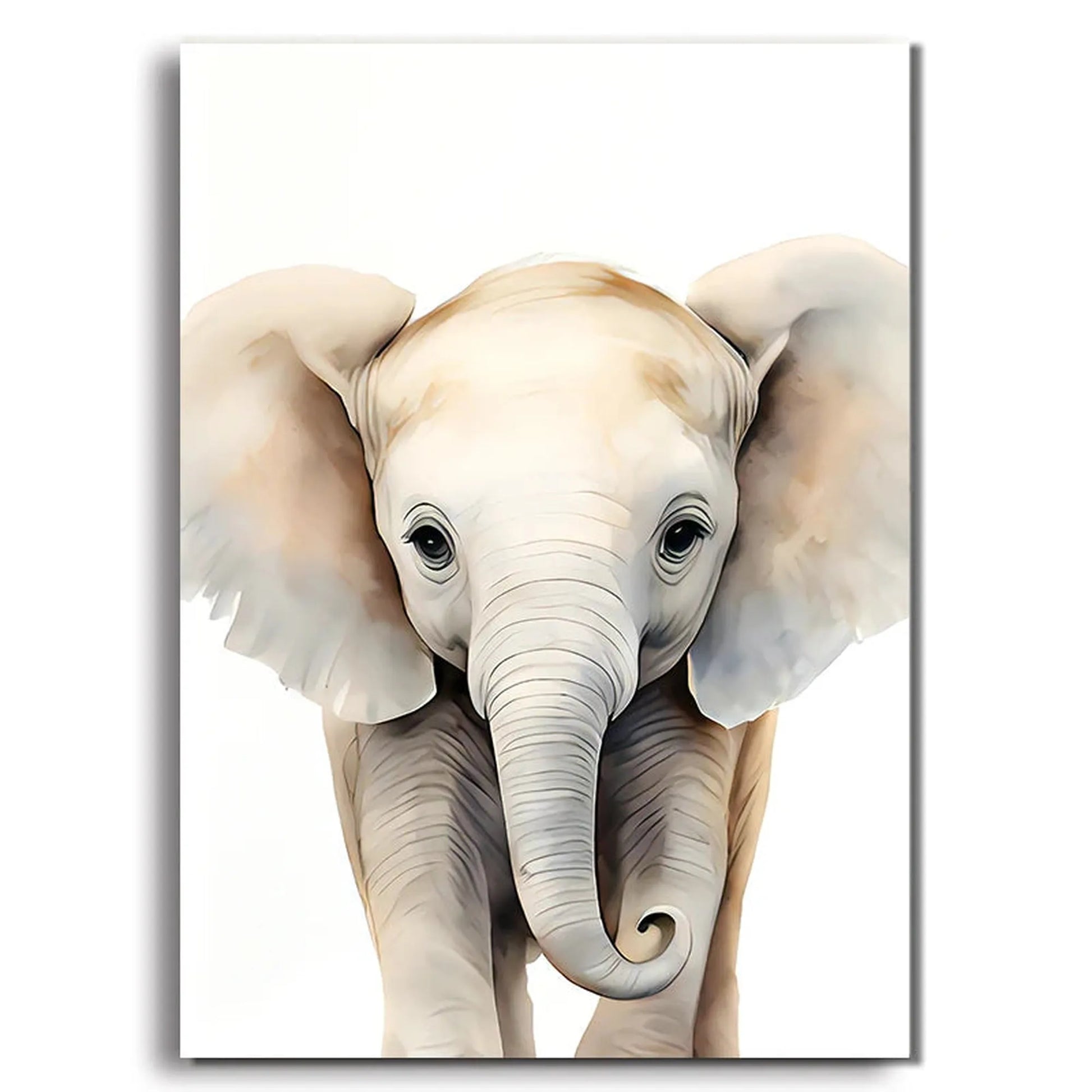 Cute baby elephant safari animal canvas art for kids' room decor, white and beige tones.