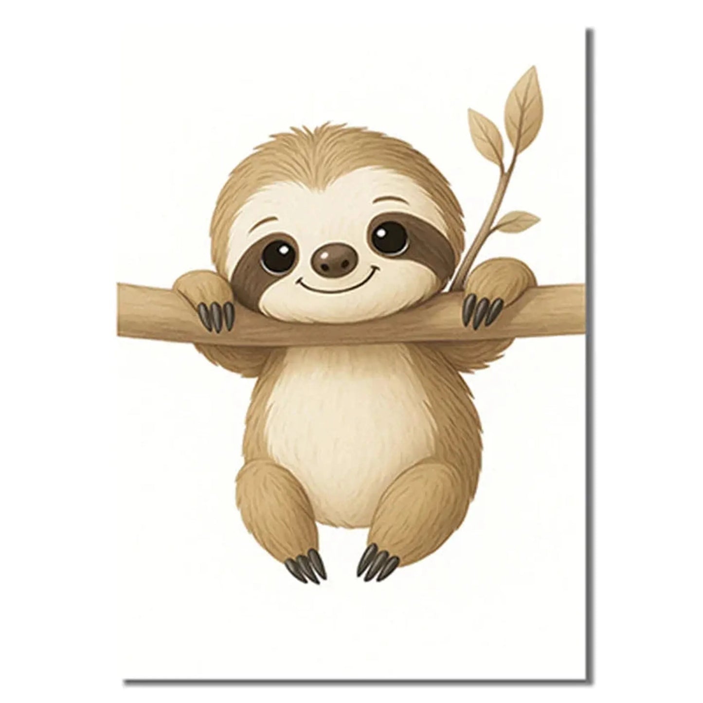 Cute cartoon sloth canvas print for nursery, hanging from a branch with leaves.