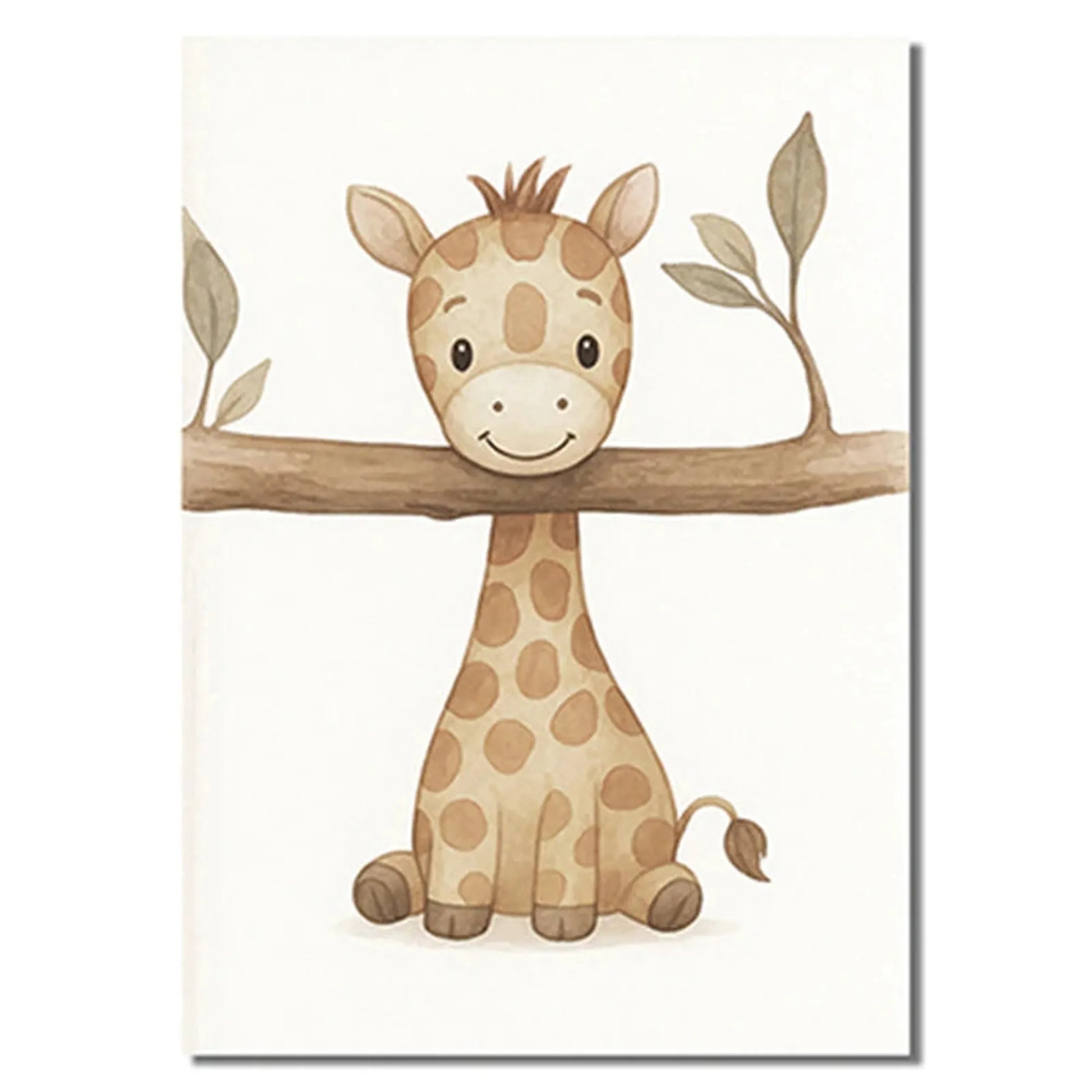 Cute safari baby giraffe canvas print for kids' room decor, featuring a smiling giraffe on a branch.
