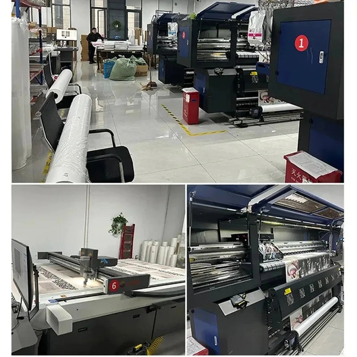 Large format printing and cutting machines in a canvas production facility.