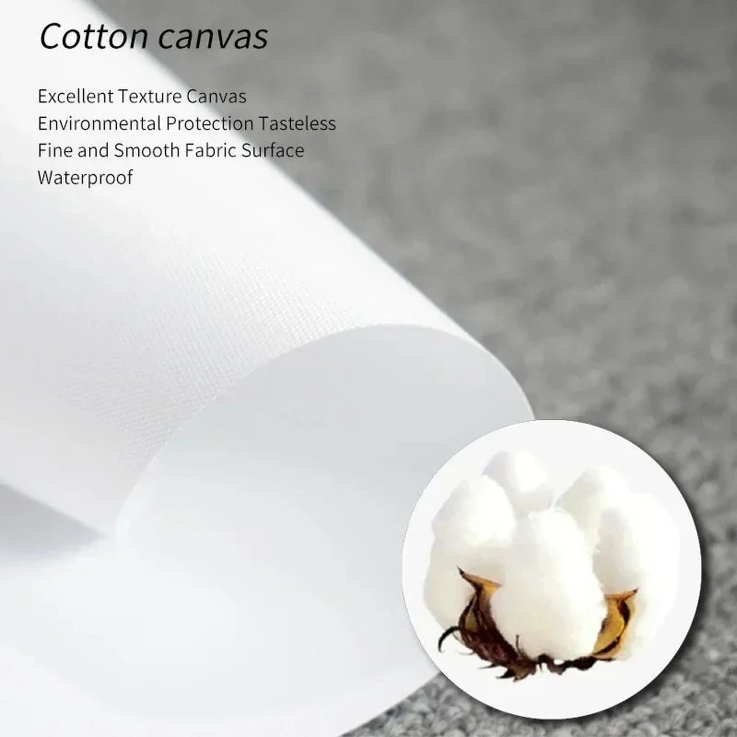 White cotton canvas roll with a close-up of a cotton boll, highlighting texture and material quality.
