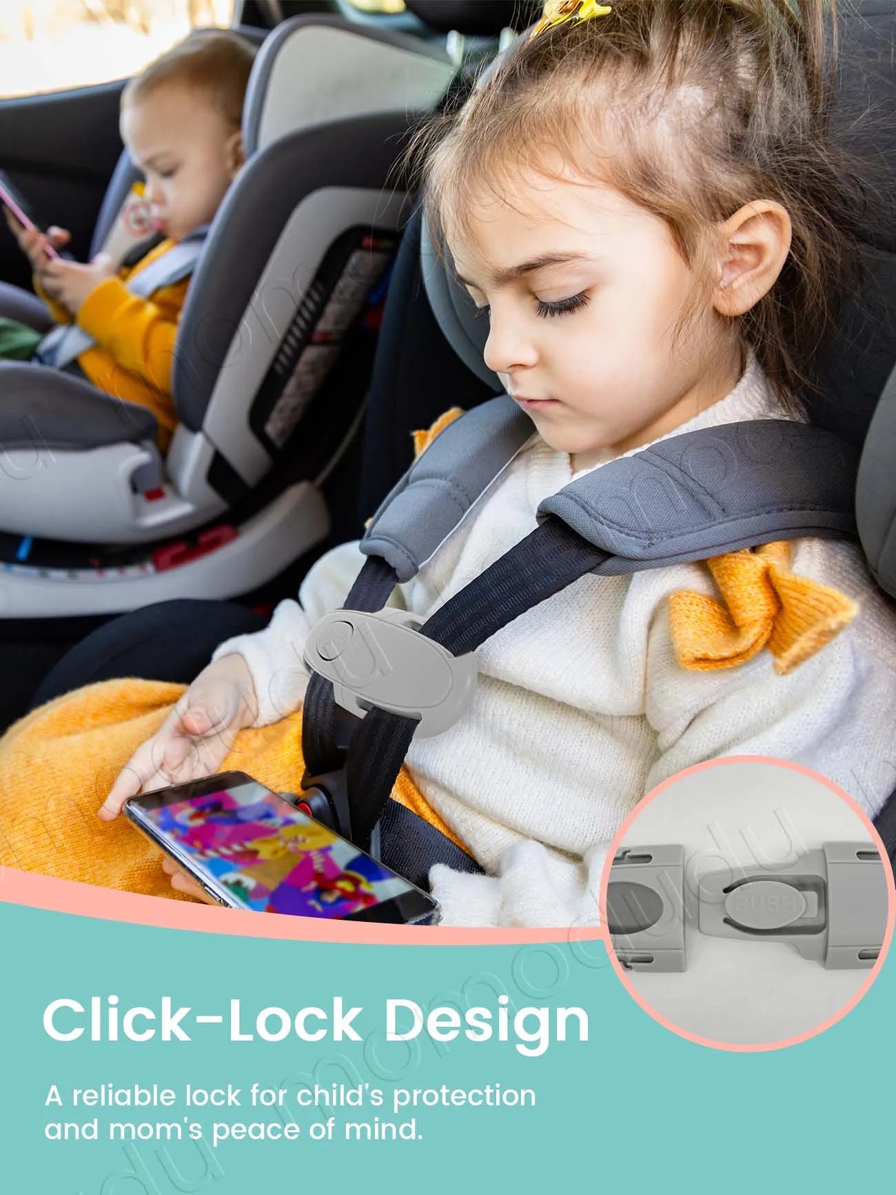 Child in car seat with a gray universal safety belt buckle lock, preventing unfastening.