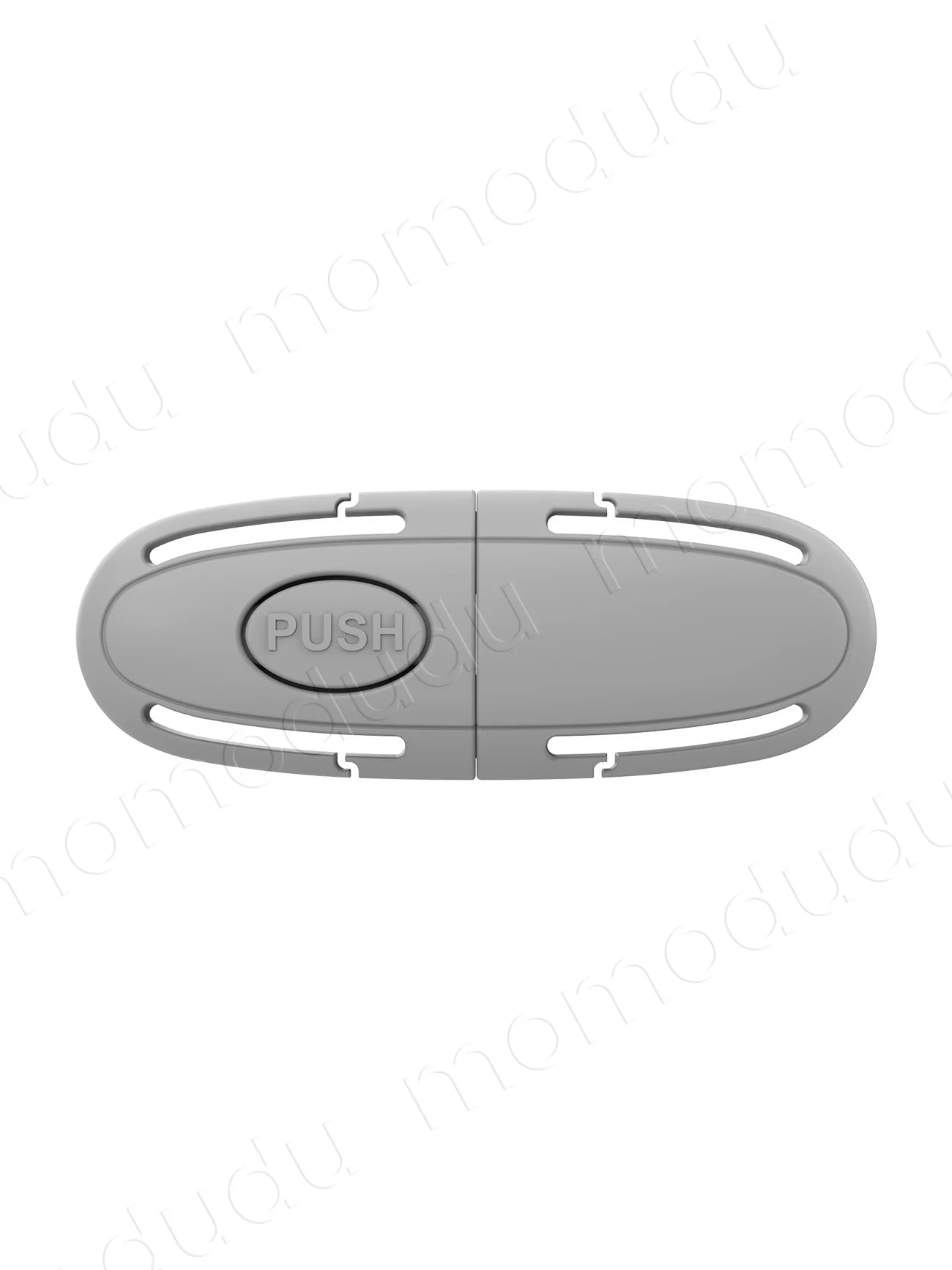 Gray universal child safety seat belt buckle guard with "PUSH" button.