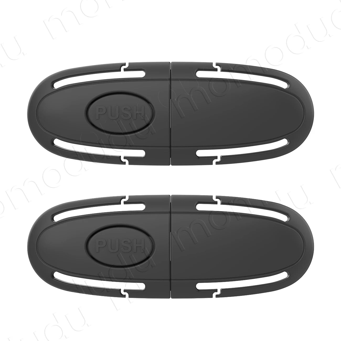 Two black universal child safety seat belt clips with "PUSH" button, designed to prevent opening.