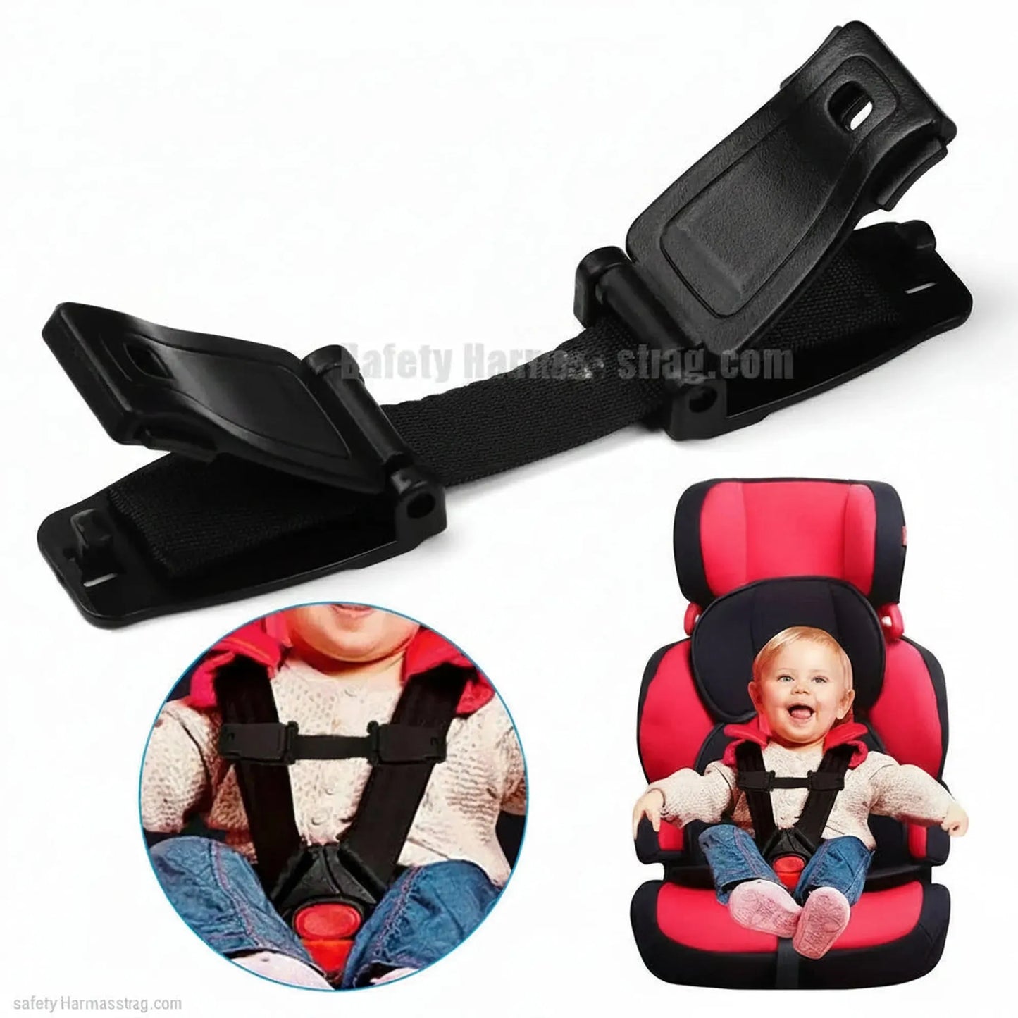 Black ABS car seat safety harness clip with strap, shown installed on a child in a red car seat.