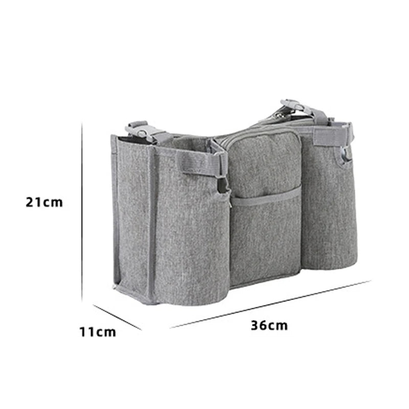 Gray waterproof stroller organizer bag with multiple compartments and adjustable straps, showing dimensions.