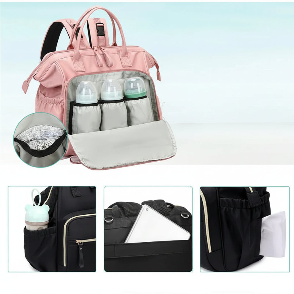 Pink diaper backpack with multiple pockets, including insulated bottle holders and a changing pad.
