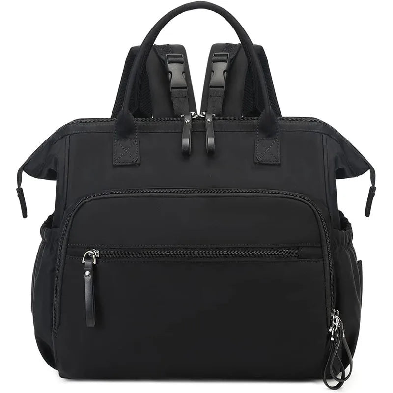 Black polyester diaper backpack with large capacity, multiple pockets, and stroller straps.