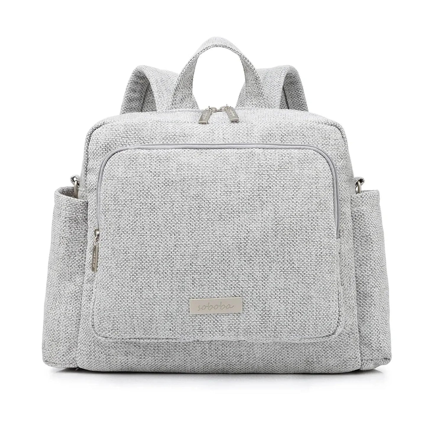 Light gray textured waterproof diaper backpack with front pocket, side pockets, and top handle.